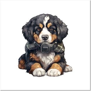 Bernese Mountain Dog Wearing Gas Mask Posters and Art